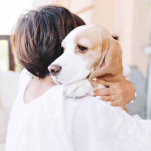 close-up-portrait-of-sad-beagle-dog-looking-away-over-shoulder-of-brunette-girl